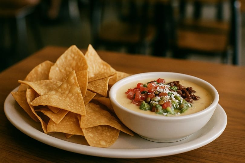 Ladybird Taco's queso dip with tomatoes, guacamole, and bacon, served with tortilla chips.
