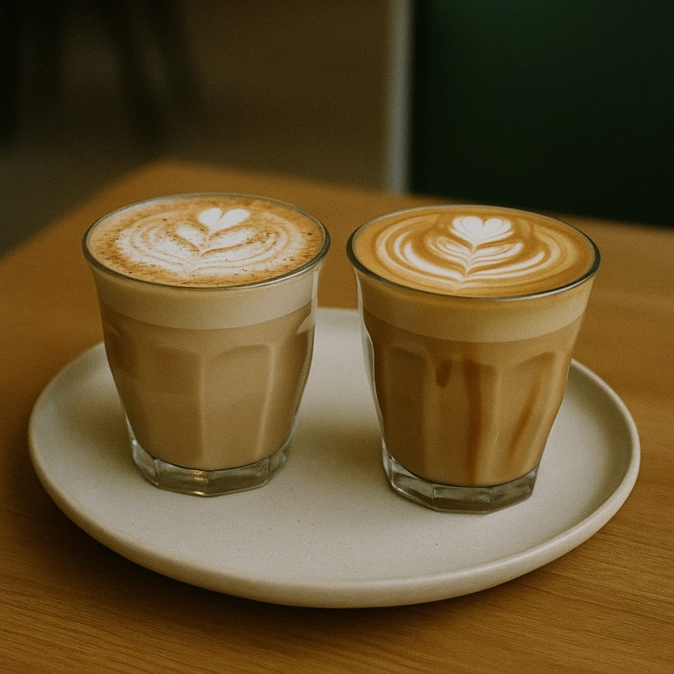 Two lattes with heart-shaped latte art sit on a white plate at Ladybird Taco.