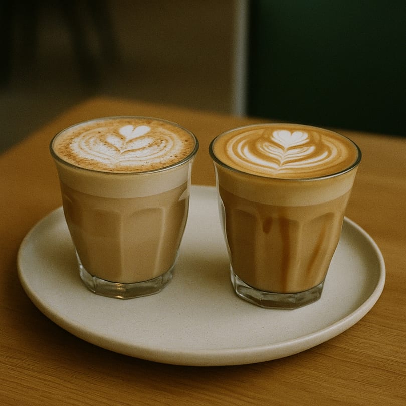 Two lattes with heart-shaped latte art sit on a white plate at Ladybird Taco.