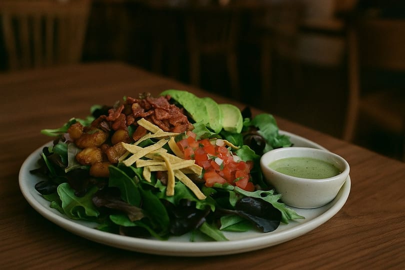 A vibrant Ladybird Taco salad with greens, avocado, bacon, pico de gallo, and dressing.